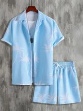 Men’s full size palm print button up shirt and shorts set in light blue with white palm tree design for casual wear
