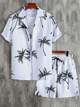 Men’s full size white short-sleeved button-up shirt and shorts set with black palm tree print in plus size