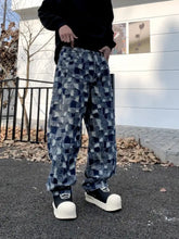 Men’s blue and gray patchwork size patchwork wide denim jeans with a loose, wide leg fit in plus size design