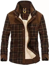 Men’s brown plaid fleece lined snap down jacket with shearling interior and corduroy collar plus size full size