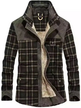 Men’s full size dark green and black plaid fleece lined snap jacket with shearling interior for warmth and comfort