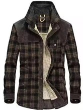 Men’s dark plaid fleece lined corduroy jacket with fleece lined snap interior and gold-tone hardware plus size