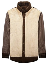 Men’s cream shearling vest with brown satin sleeves and plaid fleece lined snap accents for full size plus size