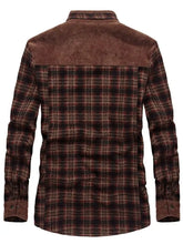 Men’s full size brown plaid fleece lined snap down jacket with suede collar and cuffs plus size design