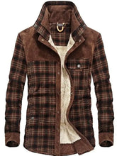Men’s full size brown plaid fleece lined snap down jacket with suede accents and fleece interior for cold weather