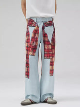 Men’s light-wash denim full size patchwork wide leg jeans with red and beige plaid patchwork shirt tied at waist