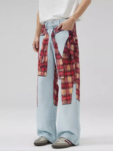 Men’s full size light blue denim patchwork wide leg jeans with a red and beige plaid patchwork shirt tied at the waist
