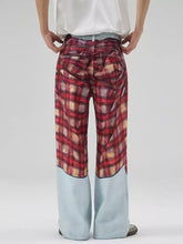 Men’s plaid patchwork wide leg jeans in red beige plaid pattern with light blue denim lower section plus size