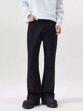 Men’s black straight-leg trousers with subtle creasing featured in size pocketed bootcut jeans collection