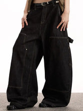 Men’s full size pocketed wide leg black denim pants with cargo pockets and contrasting stitching