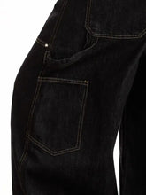 Men’s black denim wide leg jeans with full size pocketed wide leg design and contrasting light stitching texture
