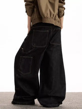 Men’s full size pocketed wide leg jeans in black denim with multiple pockets and contrasting stitching