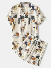Men’s full size cream-colored printed button up shirt and shorts set with orange purple and black abstract patterns