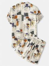 Men’s full size printed button up shirt and shorts set in cream with playful orange purple black and beige abstract pattern