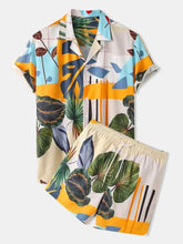 Men’s full size printed short sleeve shirt and shorts set in vibrant tropical green yellow blue cream colors machine wash tumble dry