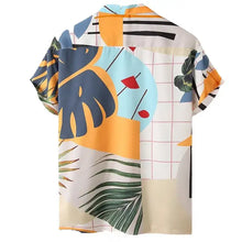 Men’s full size printed short sleeve shirt and shorts set plus size with vibrant blue orange geometric and tropical leaf pattern machine wash tumble dry