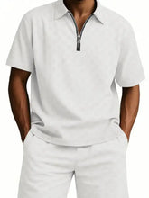 Men’s white short sleeve polo shirt with quarter zip collar in full size plus size top and shorts set