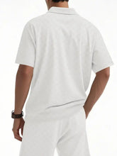 White short-sleeved polo shirt with classic collar in men’s full size quarter zip short sleeve top and shorts plus size set