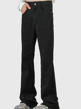 Men’s black raw hem flare jeans in denim with a classic five-pocket design and silver-toned hardware for plus size