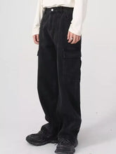 Black men’s full size relaxed fit cargo jeans with wide-leg design and large flap pockets for plus size comfort