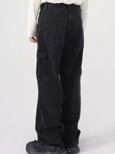 Men’s full size black denim cargo jeans with multiple pockets and relaxed fit cargo design for comfortable wear