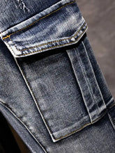 Men’s full size relaxed fit drawstring jeans in distressed dark blue denim with faded wash and yellow stitching details