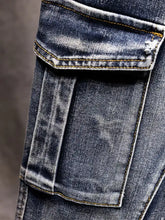 Men’s full size relaxed fit drawstring jeans in dark-wash denim with cargo pocket and yellow stitching detail