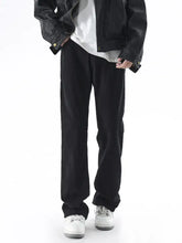 Black straight-leg trousers with relaxed fit and subtle creases for men’s full size relaxed fit jeans plus size