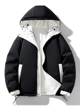 Men’s full size reversible two-tone hooded puffer jacket with normal thickness and sleeve length featuring contrasting panels and drawstrings