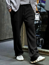 Mens black ribbed drawstring wide leg pants in full plus sizes
