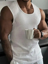 White full size ribbed round neck tank top made of knit fabric for men in plus size with ribbed round neck design
