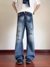 Men’s full size blue denim ripped wide-leg jeans with distressed details and a relaxed wide-leg cut