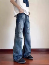 Men’s blue denim ripped wide-leg jeans with distressed torn details full size plus size style