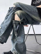 Men’s dark-wash ripped wide-leg jeans with distressed knee detail and adjustable black belt loops plus size full length