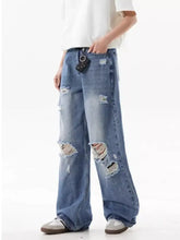 Men’s light-wash denim ripped wide leg jeans with distressed details in full plus size for casual wear