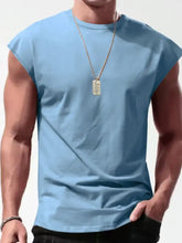 Light blue sleeveless cotton t-shirt with round neck in men’s full size round neck cap sleeve tank plus size style