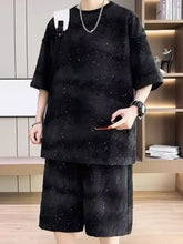 Men’s plus size full size round neck half sleeve cotton top and shorts set in black with starry pattern and loose fit