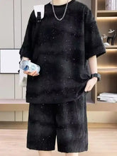 Men’s full size round neck half sleeve cotton t-shirt with loose fit black starry pattern for plus size wear