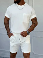 Men’s full size round neck short sleeve white textured t-shirt with chest pocket in plus size top and shorts set