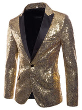Men’s blazer plus size featuring gold sequins, black satin lapels, and a single button closure for formal wear