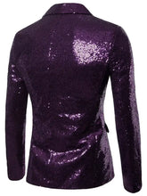 Back view of men’s full size purple sequin button blazer plus size with shimmering glittery texture and subtle pattern