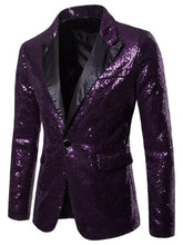 Men’s full size blazer plus in purple sequins with black satin lapels and single button closure button blazer plus size