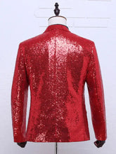 A vibrant red sequined blazer plus size with one button and long sleeves featuring a glossy sparkling finish