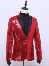 A dazzling red sequined blazer plus size with black satin lapel and matching buttons displayed on a mannequin