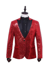 A dazzling red sequined blazer plus size with black satin lapel and one button displayed on a mannequin