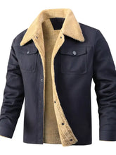 Men’s dark navy sherpa lined snap jacket with plush tan fleece collar and front pockets plus size full size
