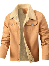 Men’s tan denim jacket with sherpa lined snap closure and plush light brown fleece interior lining plus size
