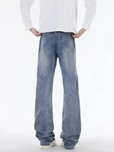 Men’s full size slim fit jeans in light-wash denim with relaxed straight-leg cut and subtle fading for modern casual wear