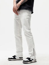 Men’s full size slim fit jeans in white featuring straight-leg design and zipper detail on the side of each leg