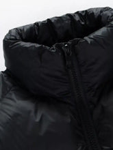 Men’s black full size stand collar quilted puffer jacket with padded collar zipper and drawstring hem plus size